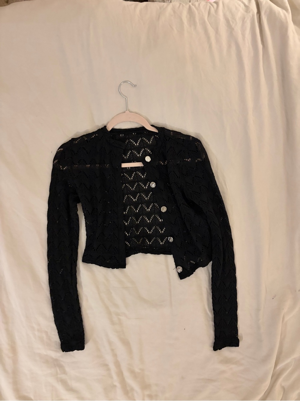 Black Cropped Open-Knit Cardigan Sweater - Women